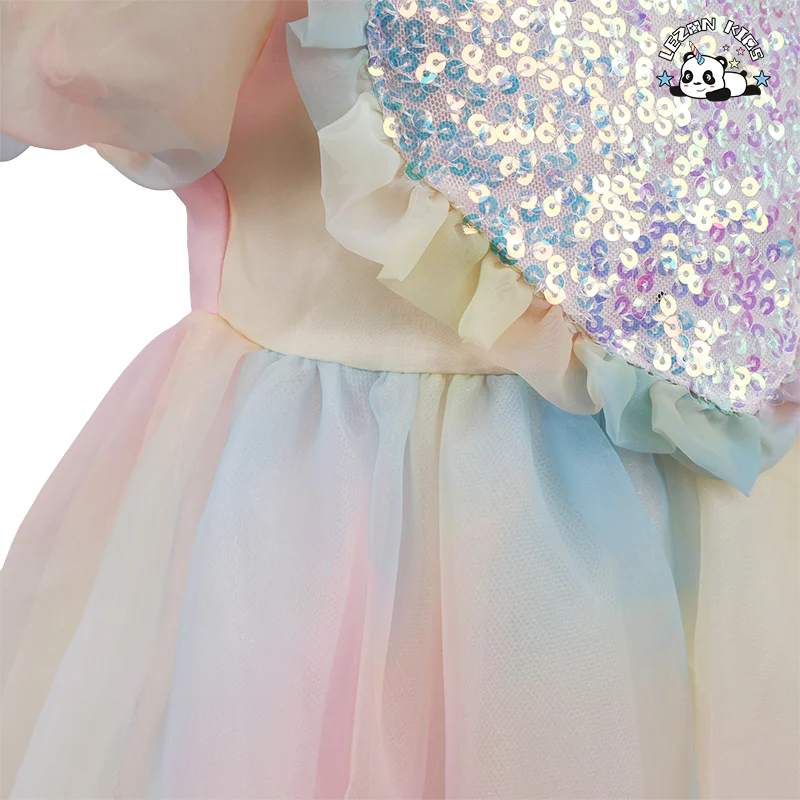 LEZONKIDS - Vestido de Princesa com Manga de Bolha Cor de Arco-Íris para Meninas, Roupas de Desempenho Infantil Doce